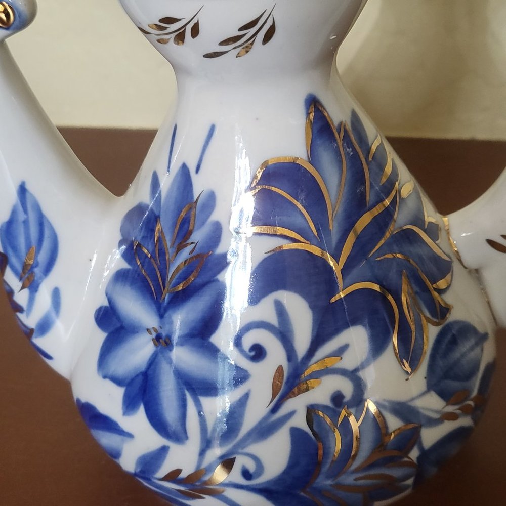 Russian Fenix Teapot Coffee Pot Handmade Porcelain Blue White Gold Kislovodsk - Picture 2 of 9